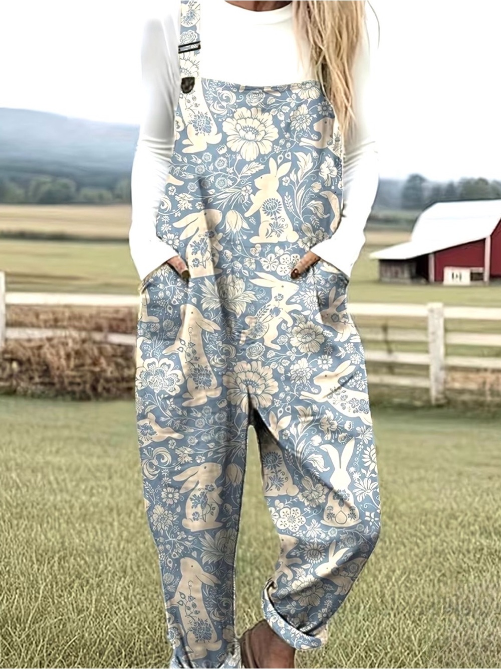Women’s Blue & Cream Bunny Floral Overalls - Size XL